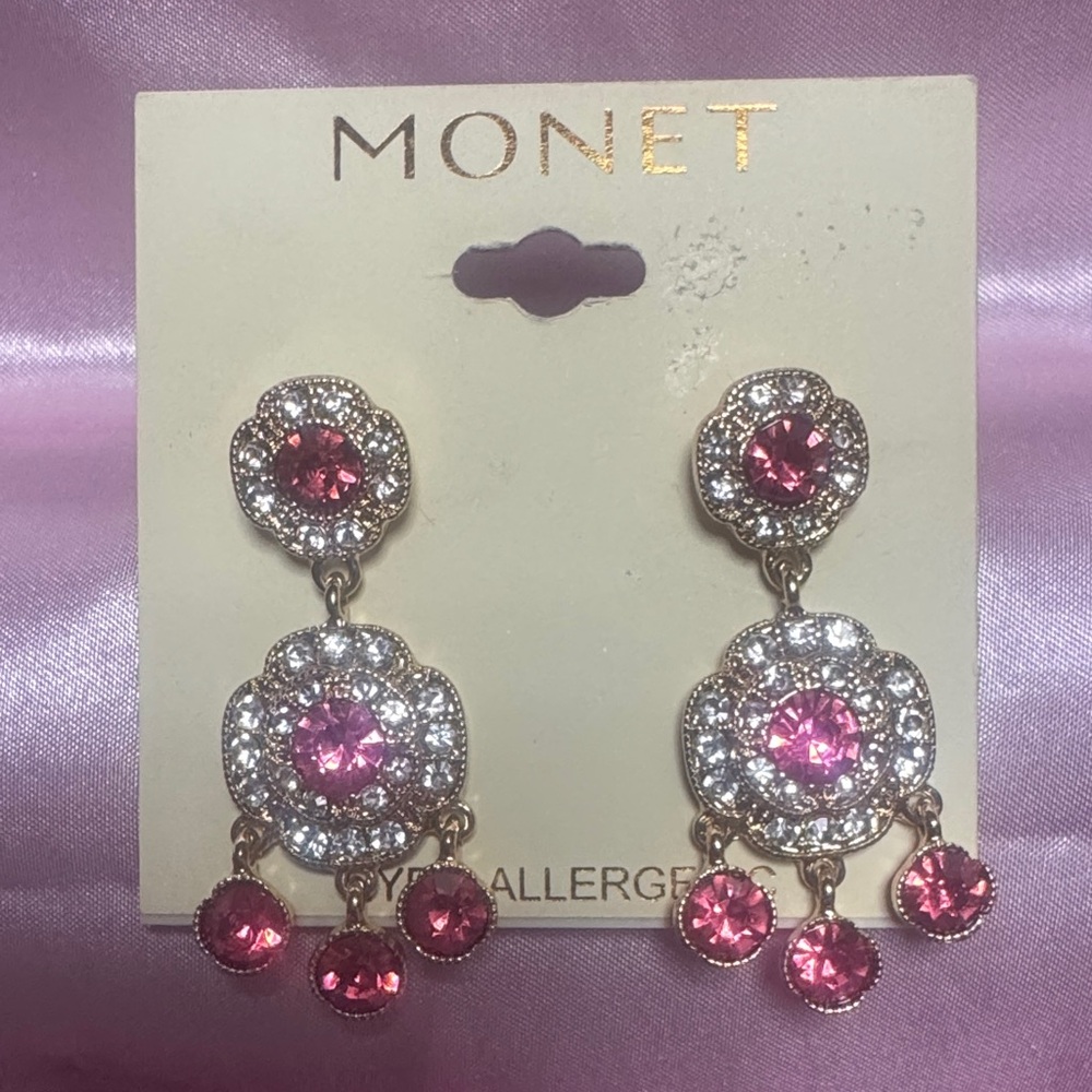 NEW Monet Pink and Gold Crystal Earrings